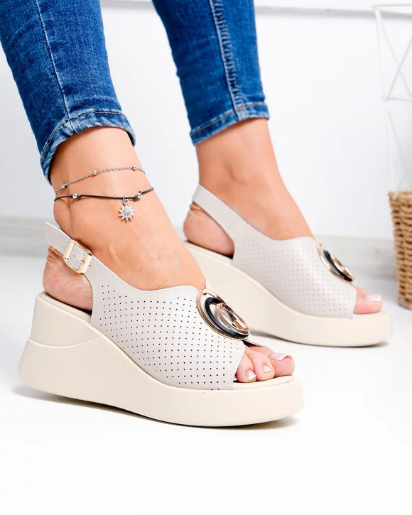 Sandale dama piele naturala bej perforate cu talpa tip platforma T-2003