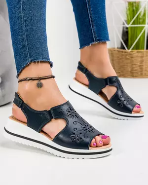 Sandale dama piele naturala bleumarin cu motive florale JY3010