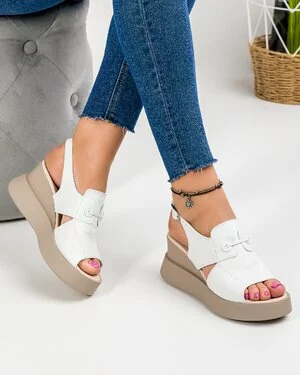Sandale Dama Piele Naturala Cu Platforma Albe PV914