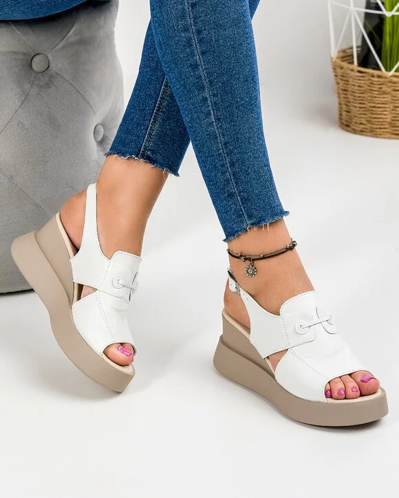 Sandale Dama Piele Naturala Cu Platforma Albe PV914