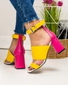 Sandale dama piele naturala galben cu roz cu toc gros si inchidere catarama WIZ61 1