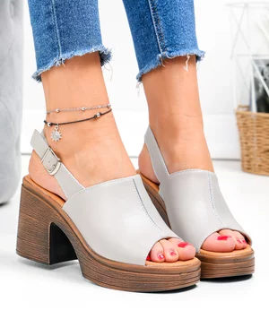 Sandale dama piele naturala gri cu inchidere catarama si toc gros JY3690