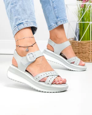 Sandale dama piele naturala gri cu inchidere scai si catarama decorativa F001-804