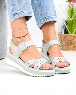 Sandale dama piele naturala gri cu inchidere scai si catarama decorativa F001-804