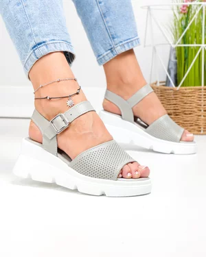 Sandale dama piele naturala gri cu talpa alba si inchidere catarama T6025