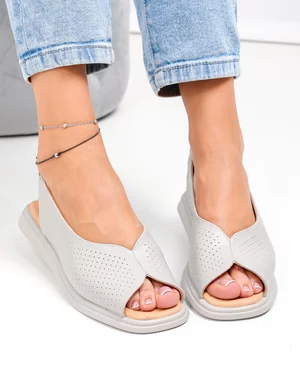 Sandale dama piele naturala gri cu talpa joasa si insertie elastica la bareta T6028