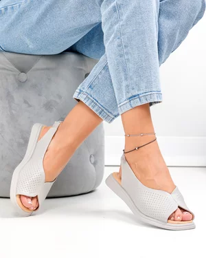 Sandale dama piele naturala gri cu talpa joasa si insertie elastica la bareta T6028