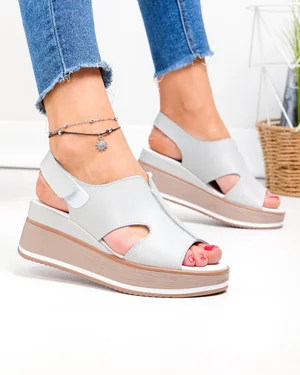 Sandale dama piele naturala gri cu talpa tip platforma si inchidere scai JY5225