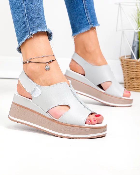 Sandale dama piele naturala gri cu talpa tip platforma si inchidere scai JY5225