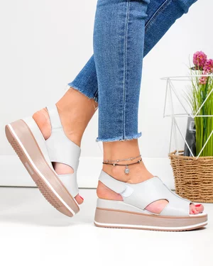 Sandale dama piele naturala gri cu talpa tip platforma si inchidere scai JY5225