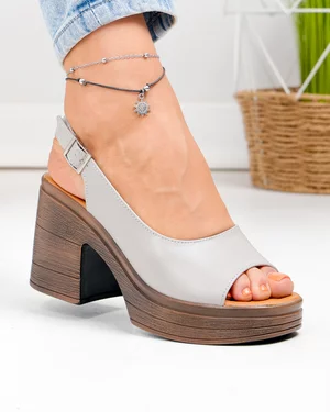 Sandale Dama - Sandale dama piele naturala gri cu toc gros si inchidere catarama JY3693