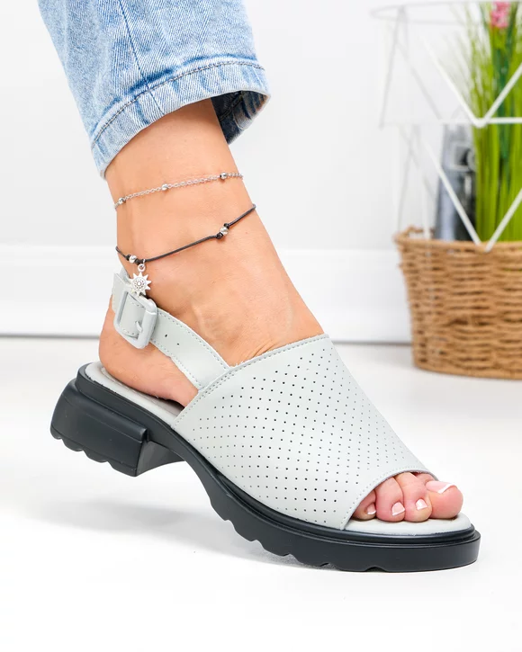 Sandale dama piele naturala gri perforate cu inchidere catarama F001-802