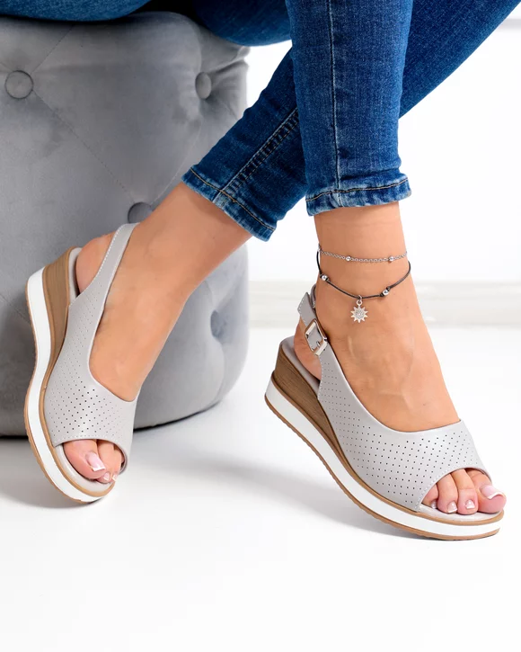 Sandale dama piele naturala gri perforate cu inchidere catarama GI-001