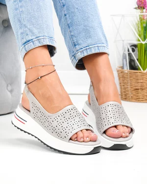 Sandale dama piele naturala gri perforate cu talpa groasa T6034