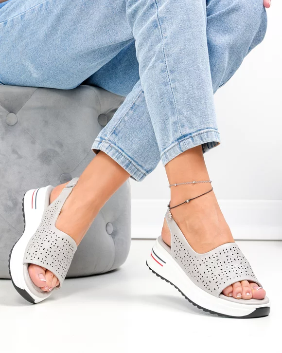 Sandale dama piele naturala gri perforate cu talpa groasa T6034