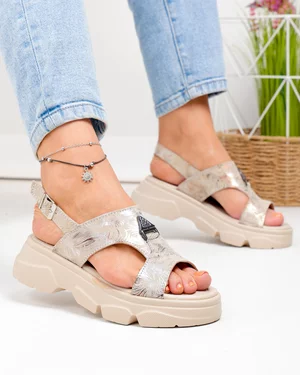 Sandale Dama - Sandale dama piele naturala intoarsa aurii cu model T-8048