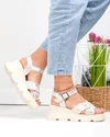 Sandale dama piele naturala intoarsa bej cu model auriu si inchidere catarama T6021 1