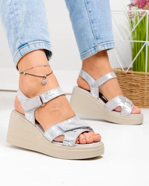 Sandale Dama - Sandale dama piele naturala intoarsa gri cu argintiu T-8040