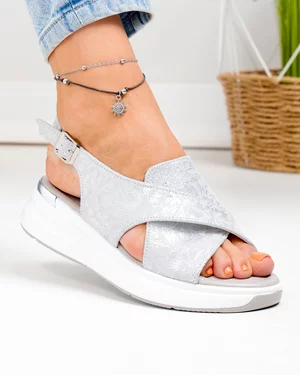 Sandale dama piele naturala intoarsa gri cu model floral T-8006-2