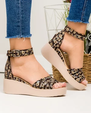 Sandale dama piele naturala intoarsa maro cu pictura florala PV959