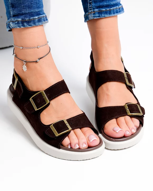 Sandale Dama - Sandale dama piele naturala intoarsa maro cu talpa flexibila si inchidere catarama F002-547