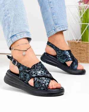 Incaltaminte Dama - Sandale dama piele naturala intoarsa negre cu model floral si talpa groasa T-8006-2