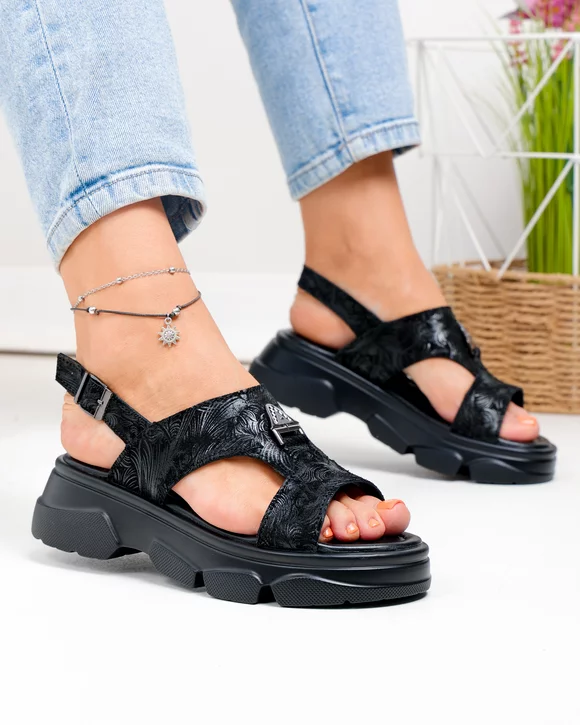 Sandale Dama - Sandale dama piele naturala intoarsa negre cu model si inchidere catarama T-8048