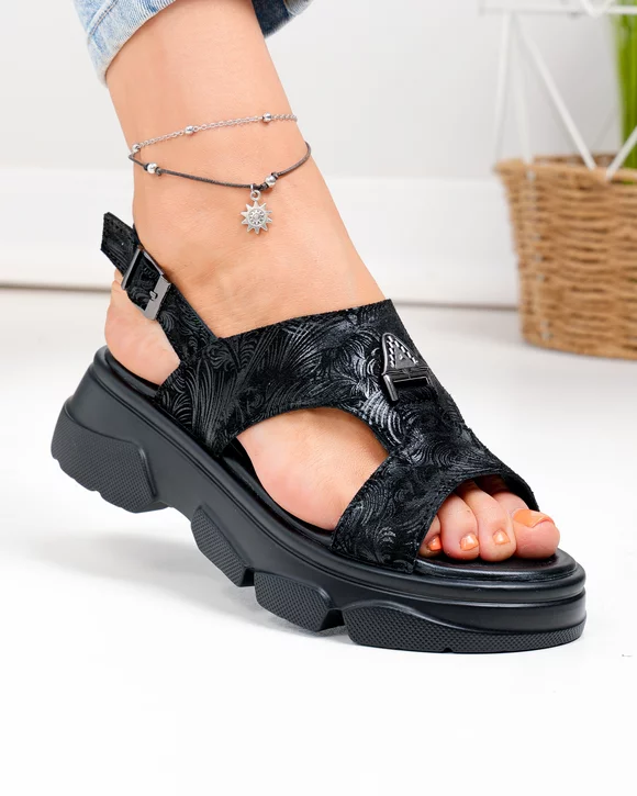 Sandale dama piele naturala intoarsa negre cu model si inchidere catarama T-8048