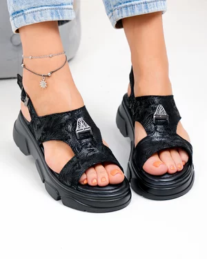 Sandale dama piele naturala intoarsa negre cu model si inchidere catarama T-8048