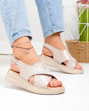 Sandale Dama - Sandale dama piele naturala intoarsa rose cu model lucios T-8006-2