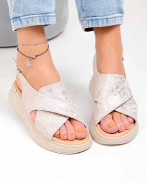 Sandale dama piele naturala intoarsa rose cu model lucios T-8006-2