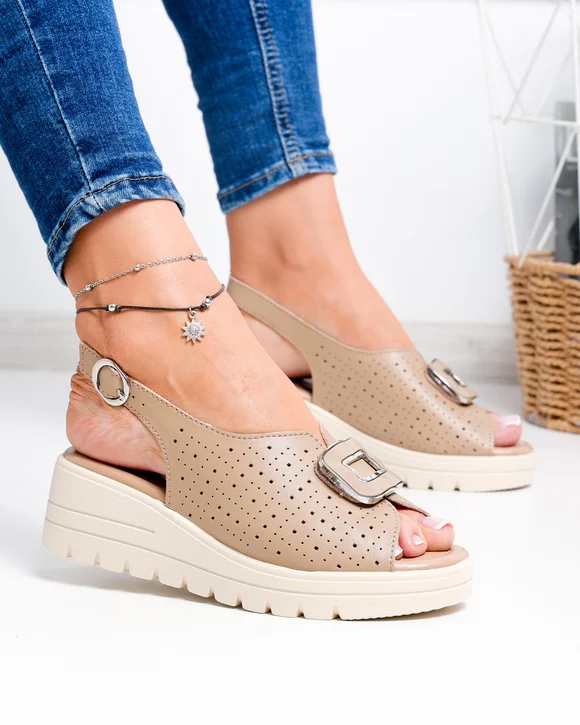 Sandale Dama - Sandale dama piele naturala kaki cu model perforat T-8021-2