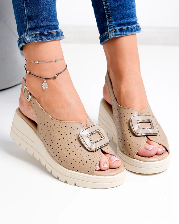 Sandale dama piele naturala kaki cu model perforat T-8021-2