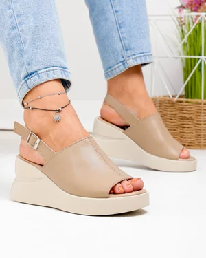 Sandale Dama - Sandale dama piele naturala kaki cu talpa tip platforma si inchidere catarama T-8038