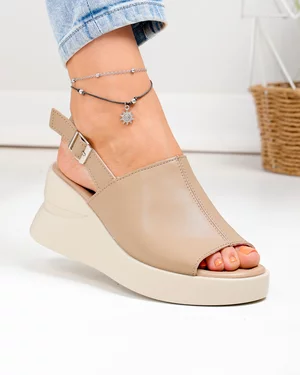 Sandale dama piele naturala kaki cu talpa tip platforma si inchidere catarama T-8038