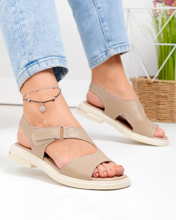 Sandale Dama - Sandale dama piele naturala kaki cu varf lat si inchidere scai T-8023