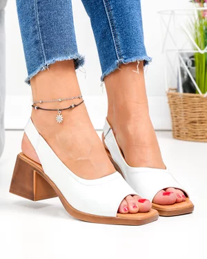 Sandale dama piele naturala lacuita albe cu toc gros JY1923