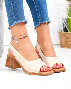 Sandale dama piele naturala lacuita bej cu toc gros JY1923
