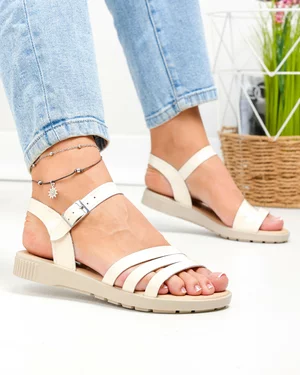 Sandale dama piele naturala lacuita bej deschis cu bareta in trei segmente PV916