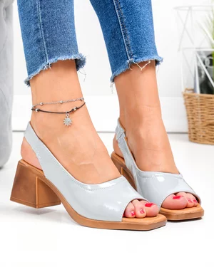 Sandale dama piele naturala lacuita gri cu toc gros JY1923