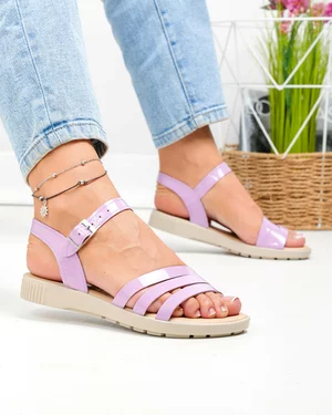 Sandale dama piele naturala lacuita mov cu inchidere catarama si bareta in trei segmente PV916