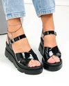 Sandale dama piele naturala lacuita negre cu talpa neagra si barete incrucisate PV977-1 2