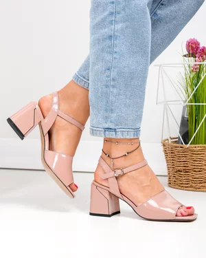 Sandale dama piele naturala lacuita roz inchis cu toc gros XT24048