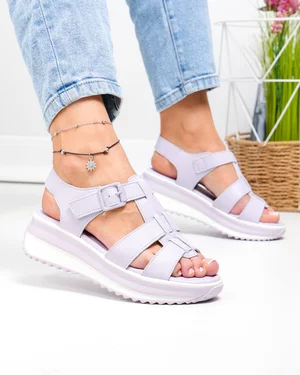 Sandale dama piele naturala lila cu inchidere scai si talpa groasa F001-805