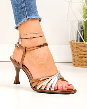 Sandale dama piele naturala maro sidefat cu argintiu si auriu si toc subtire TN6511