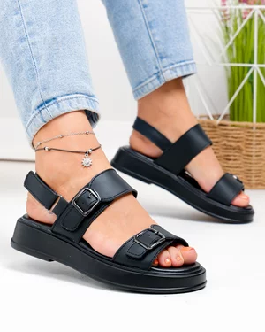 Sandale Dama - Sandale dama piele naturala negre cu barete late si catarame decorative T-8060-2