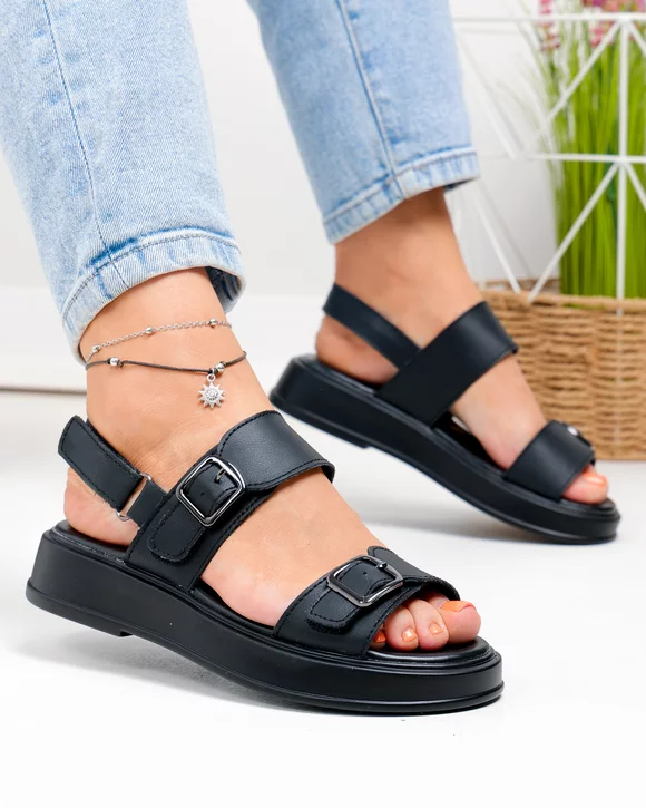 Sandale Dama - Sandale dama piele naturala negre cu barete late si catarame decorative T-8060-2