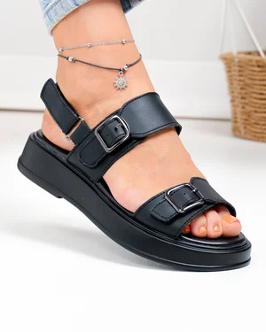 Sandale dama piele naturala negre cu barete late si catarame decorative T-8060-2