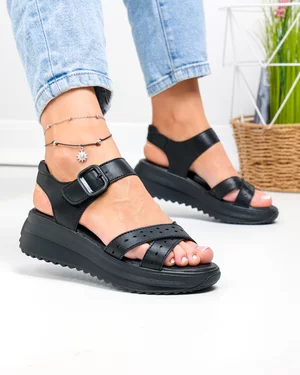 Sandale dama piele naturala negre cu barete perforate si talpa groasa F001-804