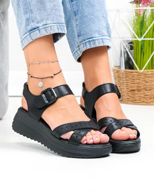 Sandale dama piele naturala negre cu barete perforate si talpa groasa F001-804